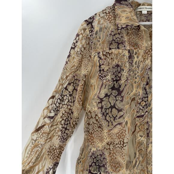 Bamboo Traders Button Up Shirt Womens Large Gold Brown Sheer Flax Animal Print - Picture 6 of 16